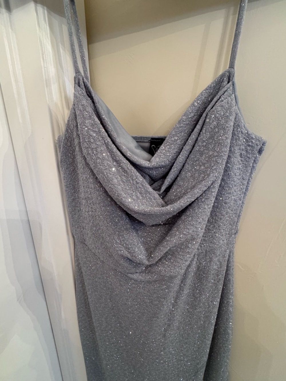 Stunning Silver light blue shimmer Neck Sequin Slip Dress - Women's Evening Gown - Picture 2 of 8